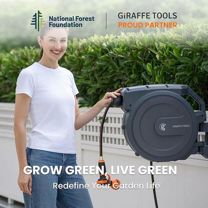Giraffe Tools AW40 Retractable Hose Reel 5/8" x 90 ft Wall Mounted Garden Hose Reel Heavy Duty, Automatic Rewind, 180 Deg Swivel, Any Length Lock, 7 Pattern Nozzle, 90 ft, Dark Grey