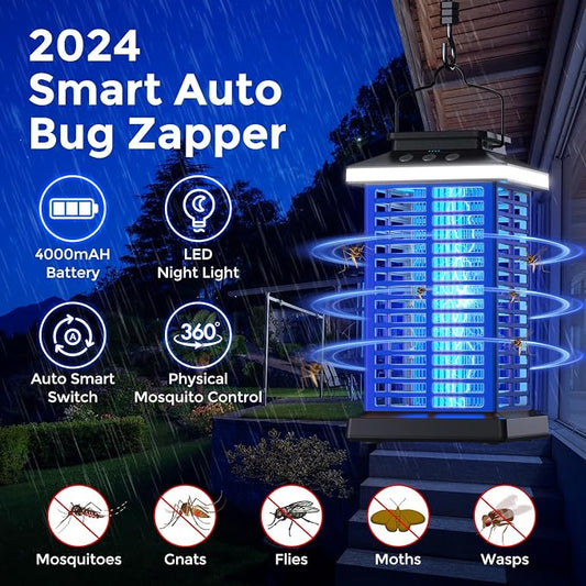 Bug Zapper Outdoor, Mosquito Zapper 2 in 1 Portable & Rechargeable Bug Zapper Outdoor with 5000mAh Battery & LED Night Light, 4000V Electric Fly Zapper for Outside,Patio,Backyard,Garden Blue