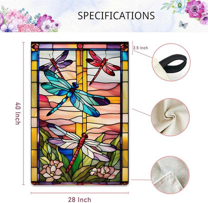 Spring Summer Dragonfly Garden Flag Stained Glass Style Flowers Garden Flag Vertical Double Sided Rustic Farmland Burlap Yard Lawn Outdoor Decor 28x40"