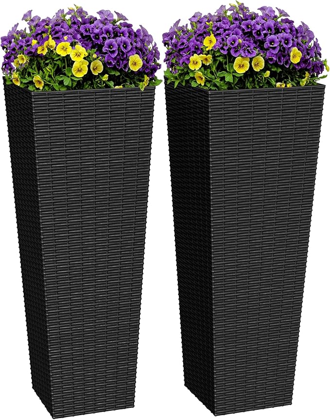 Greesum 32 Inch Tall Plastic Planters (Set of 2), Extra Large Outdoor Flower Pots with Detachable Inner Pot & Drainage Holes for Large Plants, Trees, Patio, and Garden, Black