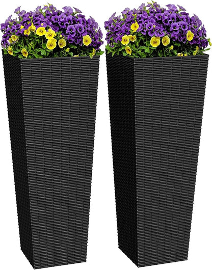 Greesum 32 Inch Tall Plastic Planters (Set of 2), Extra Large Outdoor Flower Pots with Detachable Inner Pot & Drainage Holes for Large Plants, Trees, Patio, and Garden, Black