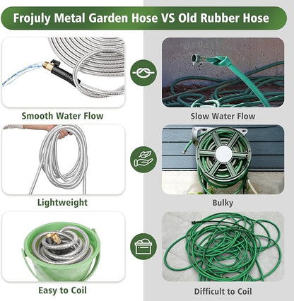 Metal Garden Hose 25 ft Stainless Steel Water Hose Heavy Duty Flexible Lightweight Durable Long No Kink Hoses Pipe with 10 Function Nozzle Strong 3/4’’ Solid Brass Fitting for Outdoor Yard