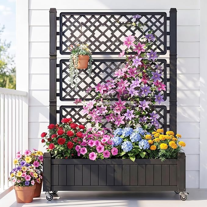 YITAHOME 43.3x17.7x61 in Planter Trellis Box with Wheels & Drain Plug, Outdoor Resin Raised Garden Bed for Climbing Plants, Large Weather-Resistant Design, Black