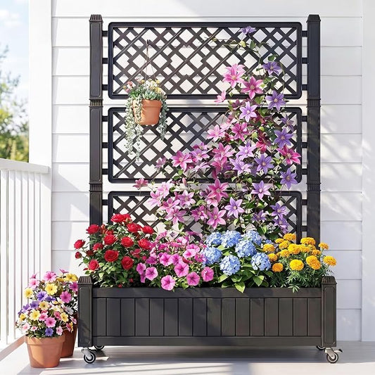 YITAHOME 43.3x17.7x61 in Planter Trellis Box with Wheels & Drain Plug, Outdoor Resin Raised Garden Bed for Climbing Plants, Large Weather-Resistant Design, Black