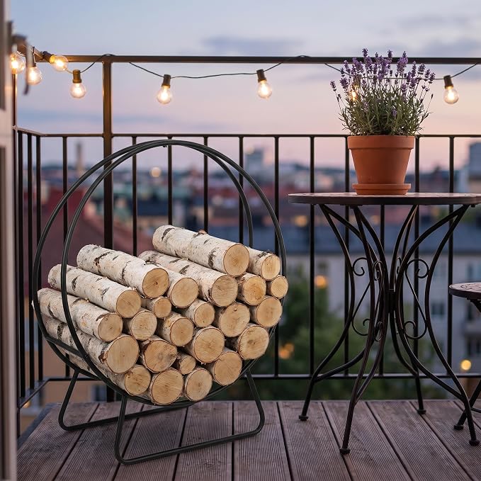 Firewood Rack Outdoor, 24 Inch Round Firewood Storage Log Rack with Arrow Style, Wood Rack for Indoor Fireplace & Balcony (Black)
