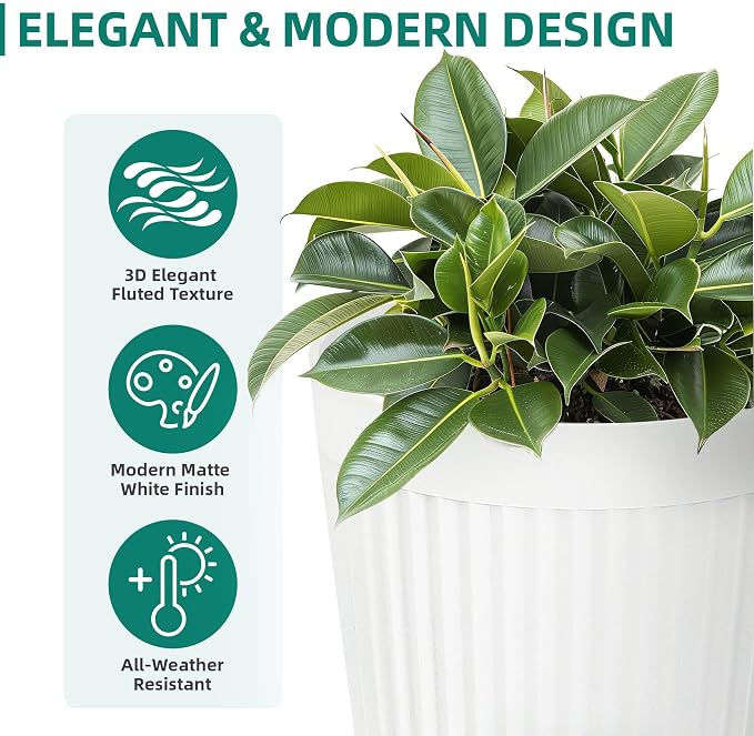 Autodaya 20" Tall Fluted Resin Planters Set of 2 with Drainage Holes | High-Density Weather-Resistant Resin Pots For Indoor and Outdoor Plants, Patio, Garden, Porch, Living Room, Ideal for Gifting