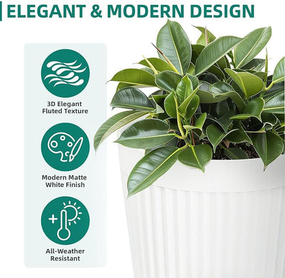 2-Pack 20" Matt White Resin Tall Planters with Fluted Texture | Set of 2 resin tall planters with ceramic look, fluted texture, drainage plugs, and UV-resistant finish for porch or patio