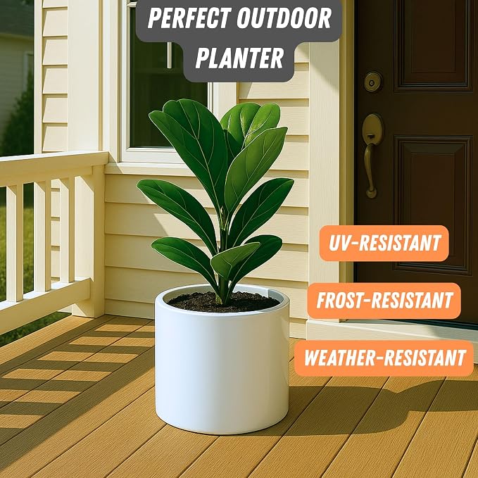 Fox & Fern Large Indoor Planter, Modern Large Plant Pot for Indoor or Outdoor, UV and Frost Resistant - 8 Inch, Glossy White Flower Pot with Drainage Plug, Lightweight