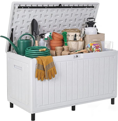 YITAHOME 90 Gallon Outdoor Storage Box with 6 Heavy-Duty Metal Legs & | Large Double-Wall Resin Deck Box, Lockable Waterproof Patio Organizer for Furniture, Cushions, White