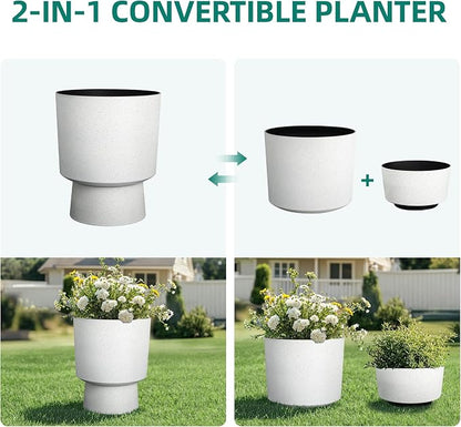 Autodaya 16.75" White Terrazzo Urn-Style Pedestal Planters Set of 2 | Modern 2-In-1 Pots with UV Protection for Indoor and Outdoor Plants, Garden, Patio, Balcony, or Entryway Decor