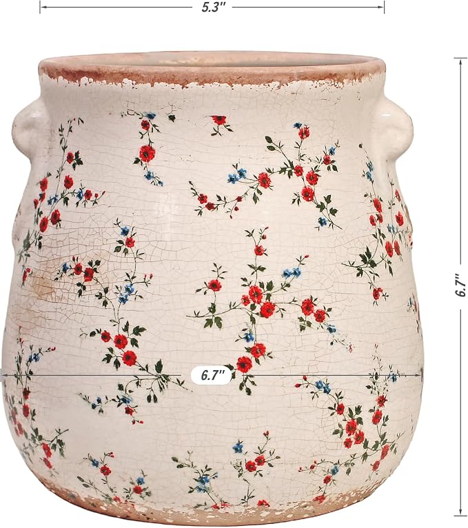 Xiaan Jiaju Ceramic Vases for Centerpieces, Shabby Chic Vase & Flower Pot with Drainage, Country Chic Decor for Office Room Garden Balcony Mantel Fireplace Table & Shelf, Red Floral