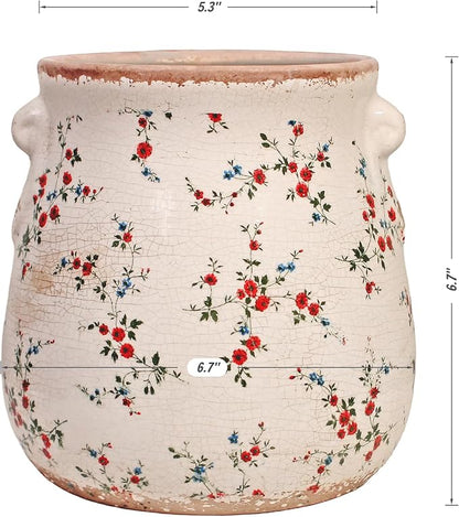 Xiaan Jiaju Ceramic Vases for Centerpieces, Shabby Chic Vase & Flower Pot with Drainage, Country Chic Decor for Office Room Garden Balcony Mantel Fireplace Table & Shelf, Red Floral
