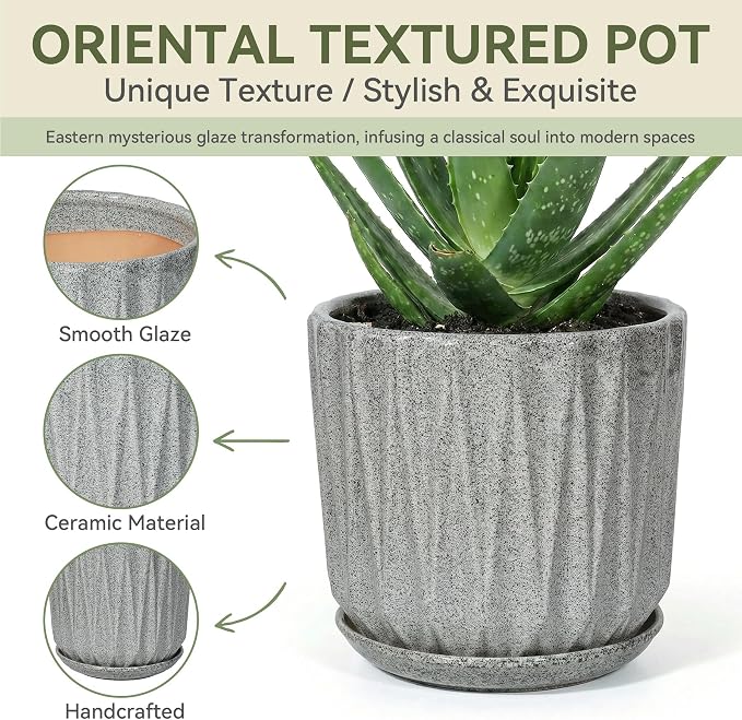 10 Inch Ceramic Planter Pot with Saucer Drainage Leak-Proof Mesh,Flower Pots for Indoor Plants with Gardening Gloves,Ceramic Planter(Stone Grey)