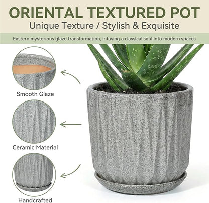 7.5 Inch Ceramic Planter Pot with Saucer Drainage Leak-Proof Mesh,Flower Pots for Indoor Plants with Gardening Gloves,Ceramic Planter(Stone Grey)