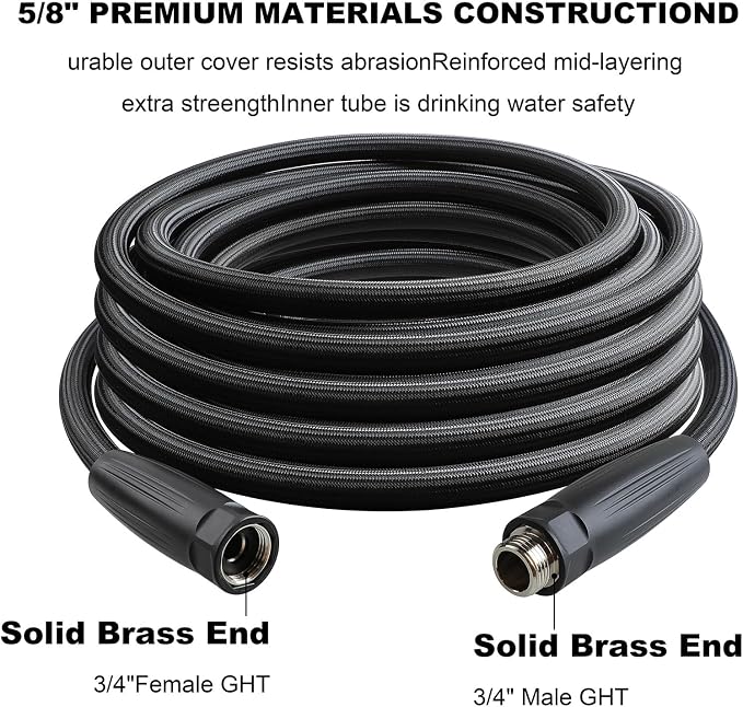 HQMPC Garden Hose 5/8"IDx30' Hose Stiff And Rigid Light Weight Durable Non Kinking Water Hose For Garden Lawn Waterring Female Brass Hose Fittings 30 FEET Black(Leight weigh arround 1 kgs)