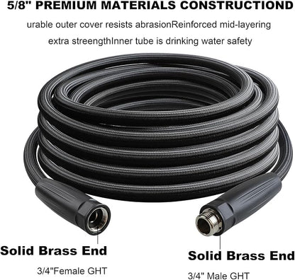 HQMPC Garden Hose 5/8"IDx30' Hose Stiff And Rigid Light Weight Durable Non Kinking Water Hose For Garden Lawn Waterring Female Brass Hose Fittings 30 FEET Black(Leight weigh arround 1 kgs)