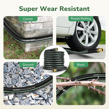 GreatBuddy 100 ft Garden Hose, Flexible Rubber Water Hose 5/8", Heavy Duty, Lightweight Hose, Burst 600 PSI with Solid Brass Male to Female Fittings, Leakproof Hose for Backyard, Garden