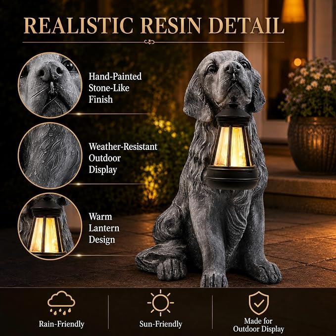 12.2 Inch Large Solar Dog Garden Statue with Lantern, Waterproof Resin Outdoor Puppy Figurine Light for Patio Yard Lawn Pathway Porch, Decorative Solar Lights Gift for Dog Lovers