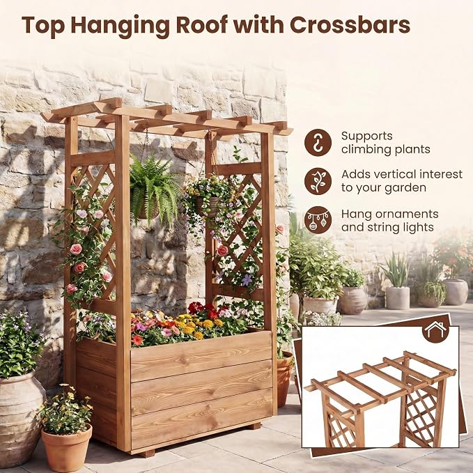 HAPPYGRILL Raised Garden Bed with Trellis, 31” x 16” x 41” Wood Elevated Planter Box with Roof, Freestanding Garden Planter for Climbing Plants Vines Flowers Herbs (1)