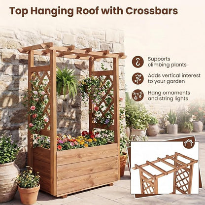 HAPPYGRILL Raised Garden Bed with Trellis, 31” x 16” x 41” Wood Elevated Planter Box with Roof, Freestanding Garden Planter for Climbing Plants Vines Flowers Herbs (1)