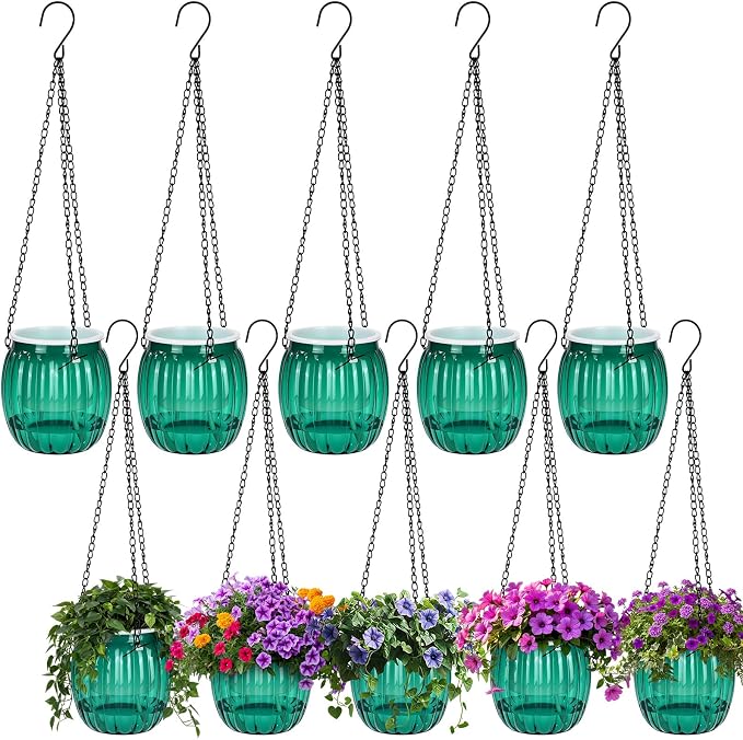 10 Pack 6.5 Inches Self Watering Hanging Planters for Indoor Outdoor Plants Bulk with Metal Hanging Chain and Hook, Self Watering Hangings Pots for Garden Home (Green)