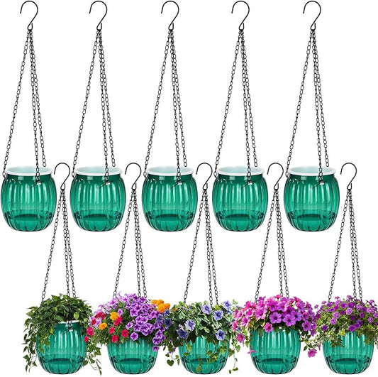 10 Pack 6.5 Inches Self Watering Hanging Planters for Indoor Outdoor Plants Bulk with Metal Hanging Chain and Hook, Self Watering Hangings Pots for Garden Home (Green)