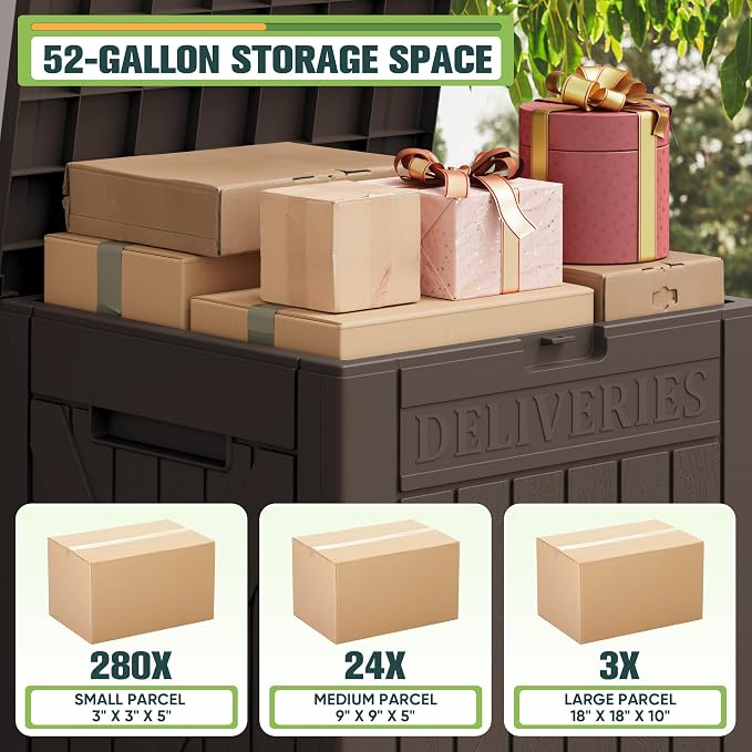 Greesum 52 Gallon Large Outdoor Package Delivery Box for Porch, Lockable Secure Double-Wall Resin Storage Box, Waterproof Deck Box for Package Protection, Brown