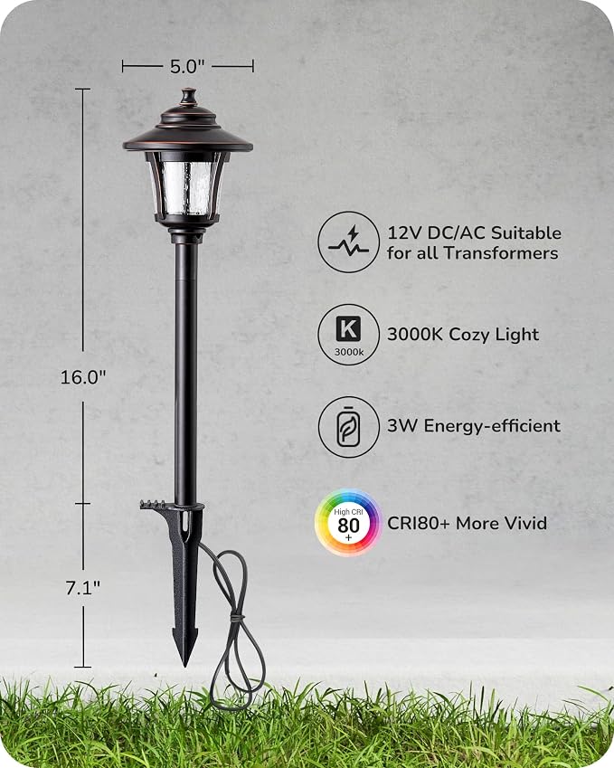 EDISHINE Low Voltage Landscape Lighting, 12V 3W 120LM 3000K Seed Glass Outdoor Landscape Path Lights with Connectors, ORB Waterproof Electric LED Pathway Light Wired for Walkway Garden Yard, 4 Pack