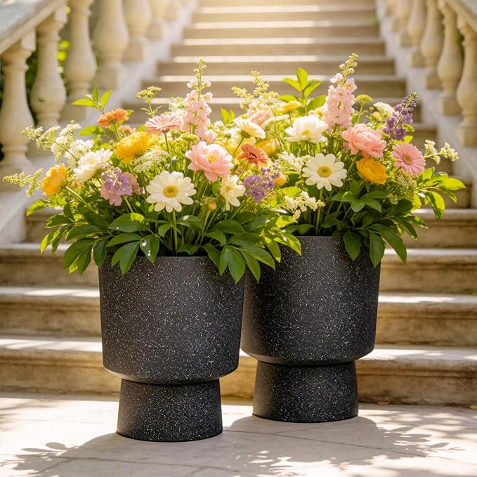 2-Pack 16.8" Black Terrazzo Pedestal Planters with Drainage Holes | Set of 2 PP pedestal planters with black terrazzo finish, drainage plugs, and weather-resistant surface for porch or patio