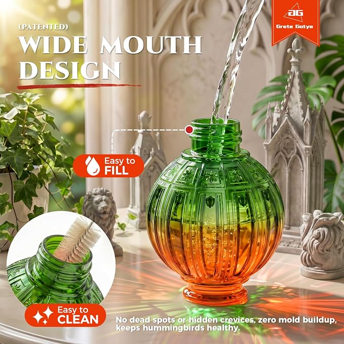Glass Hummingbird Feeder for Outdoors Hanging, 26Oz Bird Nectar Feeder with Perch & 5 Flower Feeding Ports, Leak Proof for Outside Garden Decor Backyard, Gifts for Women Mom, Orange & Green