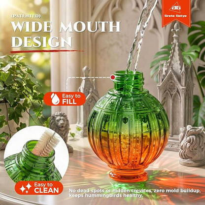 Glass Hummingbird Feeder for Outdoors Hanging, 26Oz Bird Nectar Feeder with Perch & 5 Flower Feeding Ports, Leak Proof for Outside Garden Decor Backyard, Gifts for Women Mom, Orange & Green