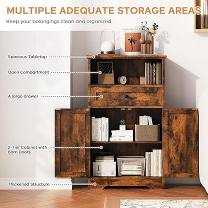 Floor Cabinet, Farmhouse Storage Cabinet with Barn Doors and Drawer, 11.81" D x 23.62" W x 39.37" H Rustic Brown Freestanding Adjustable Shelf Organizer for Bathroom, Kitchen, Living Room