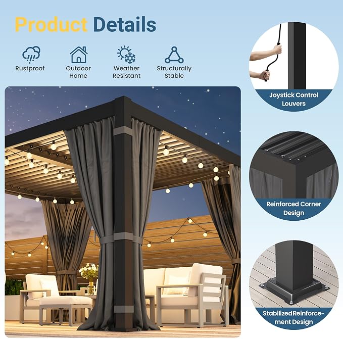 10' x 12' Louvered Pergola, Aluminum Frame Outdoor Pergola with Adjustable Louvered Roof, Curtains & Netting, Patio Hardtop Gazebo with Gutter System for Deck, Garden, Yard, Dark Gray