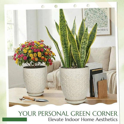 11.8 Inch Flower Pots for Indoor Plants,Ceramic Planter with Saucer Drainage Leak-Proof Mesh Gardening Gloves (Silk-White)