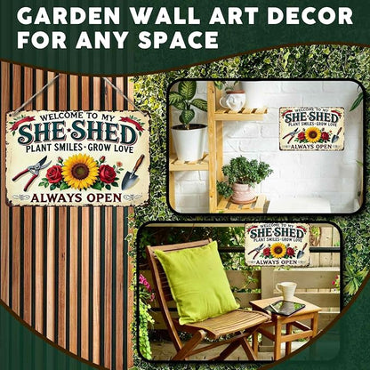 PEACHGARDEN Garden Decor She Shed Wall Art Decor Welcome To My She Shed Garden Metal Sign for Greenhouse Plantroom Yard Patio 8x12 inch