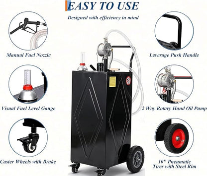 Garvee 30 Gallon Fuel Caddy with Manual Transfer Pump, Portable Gas Storage Tank on 4 Wheels, Gasoline & Diesel Fuel Storage Tank for Cars, Lawn Mowers, ATVs, Boats, More, Black | Portable Gas Storage Tank on 4 Wheels, Gasoline & Diesel Fuel Storage Ta...