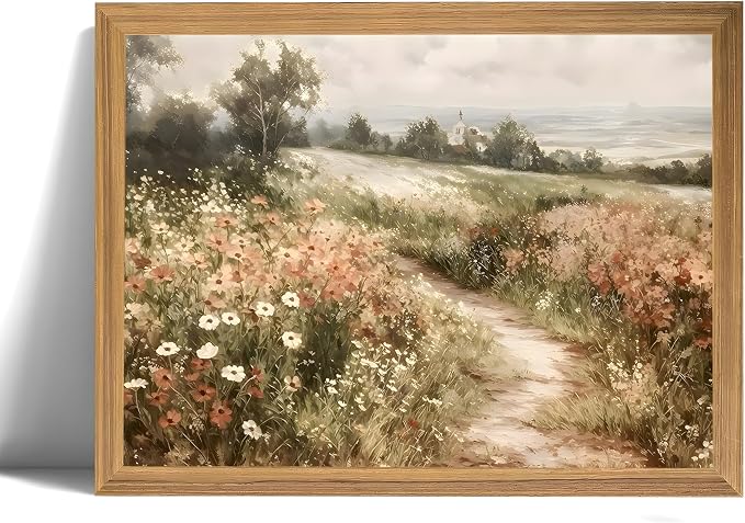 smvexyl Farmhouse Vintage Landscape Wall Art, Framed Canvas Print, Rustic Wildflower Meadow Country Path Painting for Living Room Bedroom Bathroom, 8x10 inch