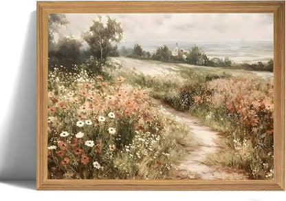 smvexyl Farmhouse Vintage Landscape Wall Art, Framed Canvas Print, Rustic Wildflower Meadow Country Path Painting for Living Room Bedroom Bathroom, 12x16 inch