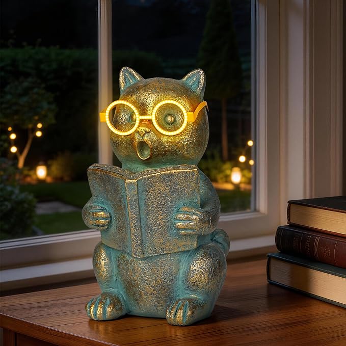 Solar Reading Cat Decor with Light-Up Glasses Patina Garden Statues | Resin Outdoor Animal Ornament for Patio Yard Porch, Birthday Housewarming Gifts for Women Cat Lovers