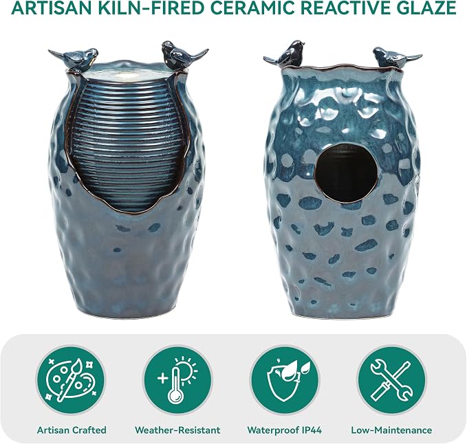 Autodaya 25" H Jar Ceramic Outdoor Water Fountain with LED Lights and Birds | Elegant Turquoise Glaze with Bubble-Like Texture, Decorative Garden Water Feature, cascading water flow for yard sanctuary