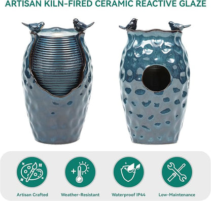 Autodaya 25" H Jar Ceramic Outdoor Water Fountain with LED Lights and Birds | Elegant Turquoise Glaze with Bubble-Like Texture, Decorative Garden Water Feature, cascading water flow for yard sanctuary
