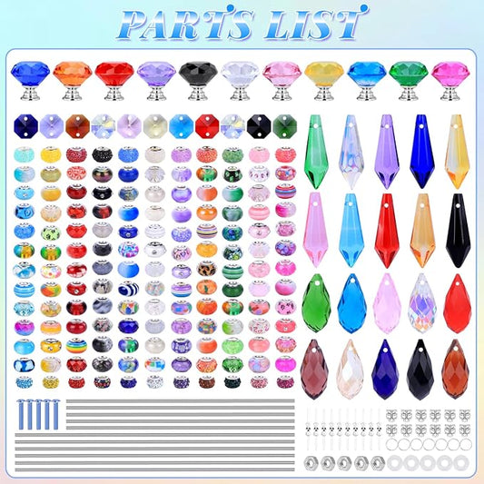 AIPRIDY DIY Crystal Beaded Fairy Wand Garden Stakes Kit, Colorful Decorative Wands with Assembly Guide, 12 or 10 Inch Threaded Rods,Outdoor Garden Decoration Set (423, Rainbow+Diamond Top)