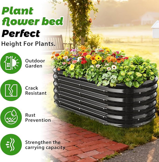 YSEJOMP 17" Tall Oval-Shaped/Elliptic Metal Raised Garden Bed Outdoor Black | 48X24X17 Inch,1.5 FT Tall,0.8MM Thick Galvanized Metal Painted,for Variety of Flowers,Herbs,Vegetables.with Gloves,Tool free