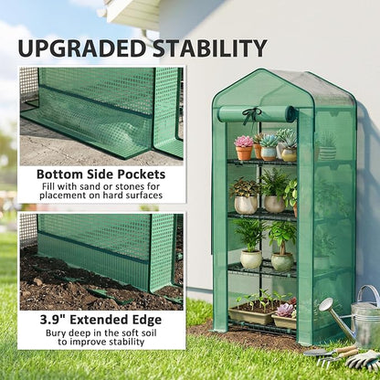 Outsunny 4 Tier Mini Greenhouse with Screen Roof, 27.6" x 19.7" x 62.2", Portable Small Greenhouse with High Strength PE Cover, Roll-Up Zipper Door for Garden Yard Backyard, Green