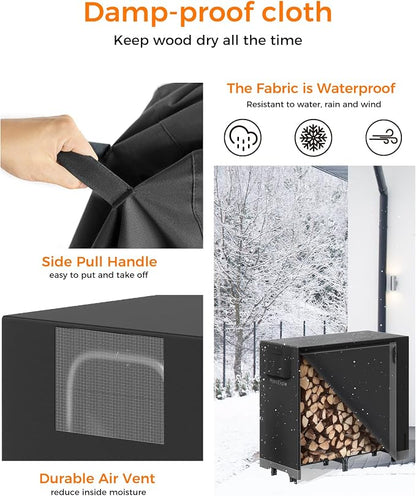 4ft Firewood Log Rack with Cover Outdoor, Heavy Duty Indoor Outdoor Firewood Storage Log Rack with Cover Combo Set Black