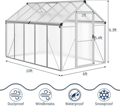 6X10 Ft Polycarbonate Greenhouse Sunroom with Aluminum Frame, Outdoor Greenhouse for Vegetables Herbs Flowers, Lockable Door & Adjustable Roof Vent, Patio Backyard Greenhouse Kit for Gardening, Silver