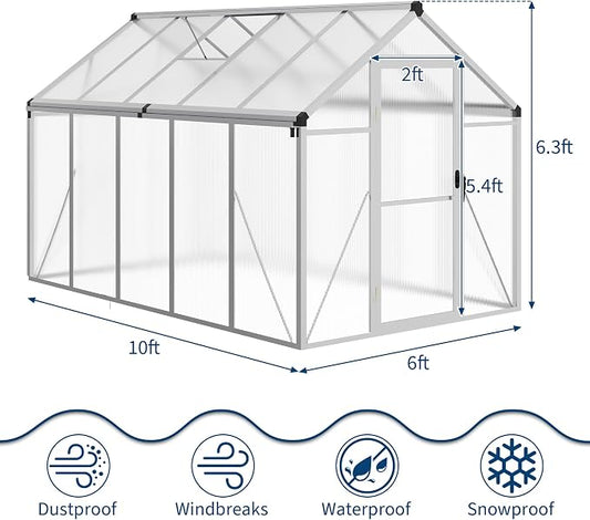 Greenhouse, 6x10 Ft Outdoor Greenhouses, Greenhouse Kit, Portablee Greenhouses with Ground Nails and Vent Windows, Sliding Lockable Door, Polycarbonate Green House for Outside Garden Backyard, White