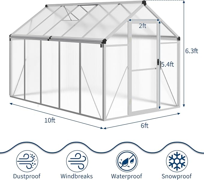 6x10 ft Walk-in Greenhouse, Polycarbonate Panels with Reinforced Aluminum Frame, Large Garden Green House for Planting and Seed Starting, Quick-Assembly Structure with Adjustable Roof Vent