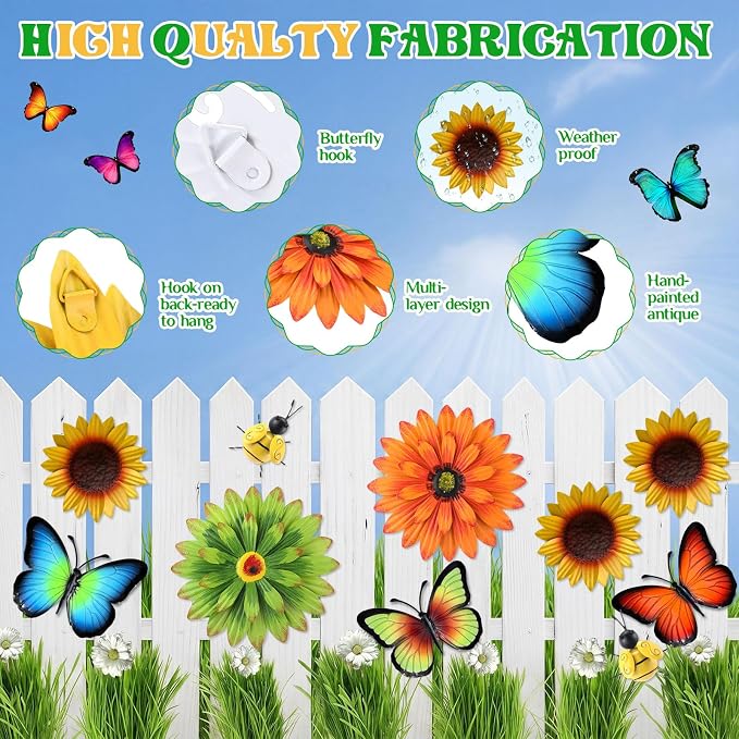Therwen 10 Pcs Metal Wall Art Decor for Outside 3D Metal Sunflower Bee Butterfly Backyard Decorations Hanging Outdoor Wall Art Multicolored Flowers for Garden Fence Patio Yard Outdoor Porch