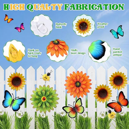 Therwen 10 Pcs Metal Wall Art Decor for Outside 3D Metal Sunflower Bee Butterfly Backyard Decorations Hanging Outdoor Wall Art Multicolored Flowers for Garden Fence Patio Yard Outdoor Porch